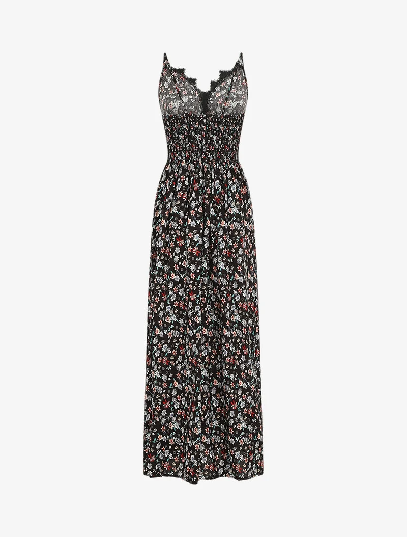 Langes Kleid mit Spitzenkragen und Blumenmuster - Schwarz