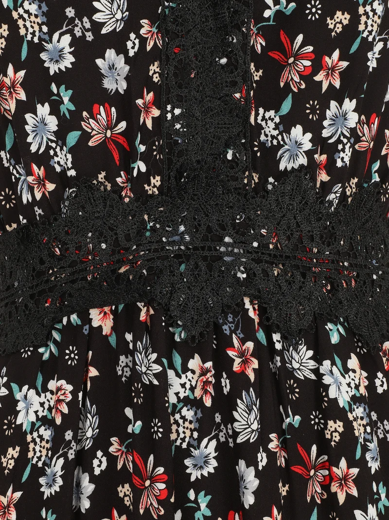 Langes Kleid mit Spitzenkragen und Blumenmuster - Schwarz