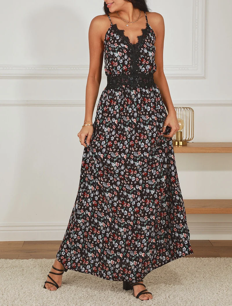Langes Kleid mit Spitzenkragen und Blumenmuster - Schwarz