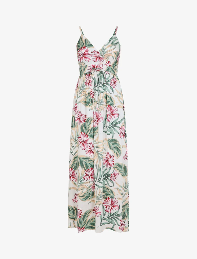 Langes Empire-Kleid mit Inselblumen-Print - Weiß