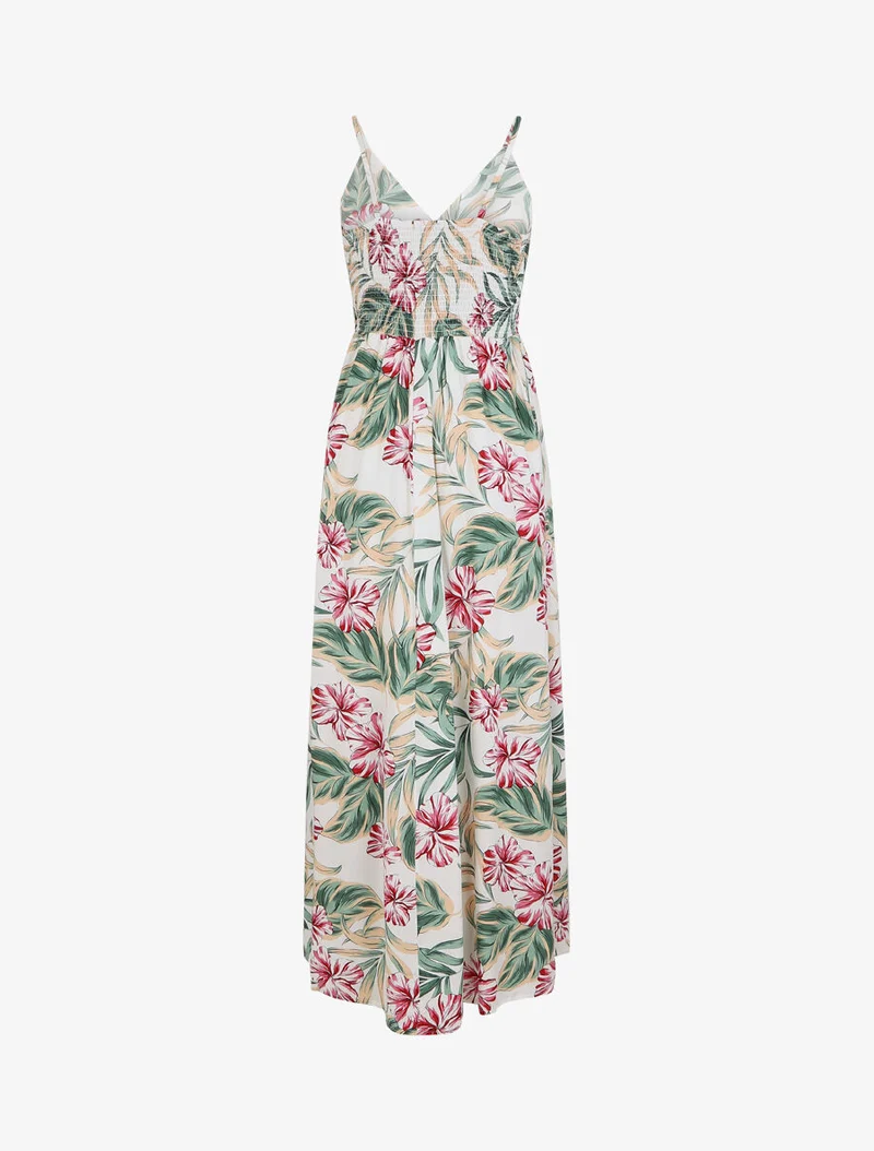 Langes Empire-Kleid mit Inselblumen-Print - Weiß