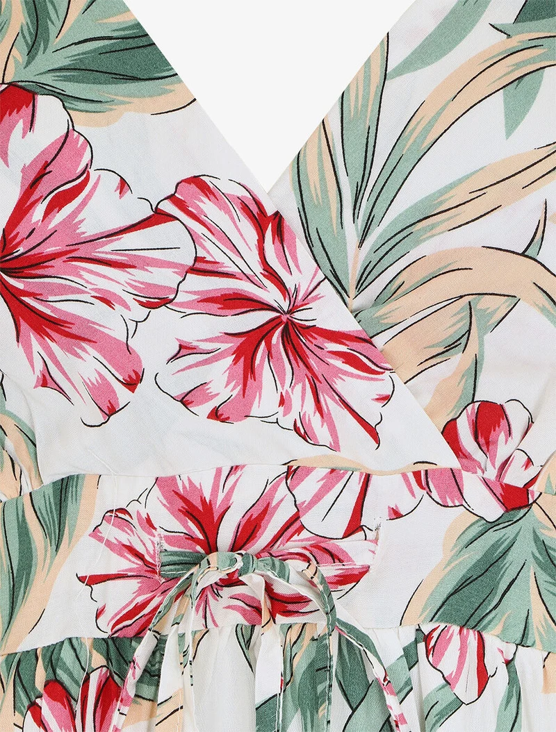 Langes Empire-Kleid mit Inselblumen-Print - Weiß