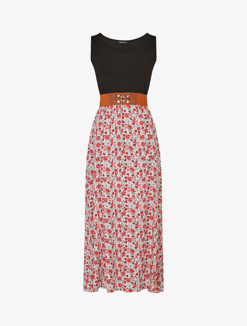 Zweifarbiges Kleid mit kleinem Blumenmuster - Weiß