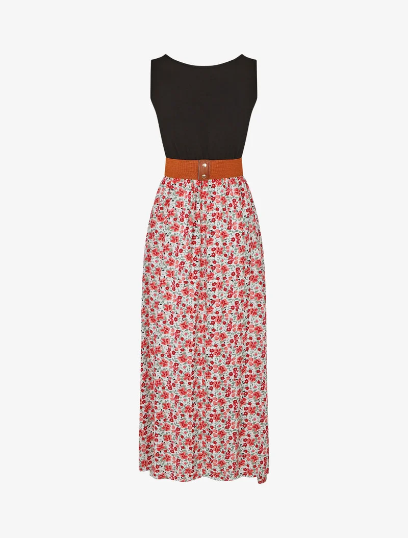 Zweifarbiges Kleid mit kleinem Blumenmuster - Weiß