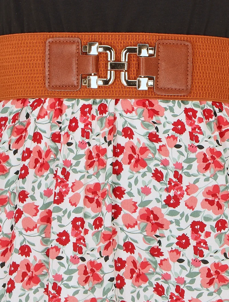 Zweifarbiges Kleid mit kleinem Blumenmuster - Weiß