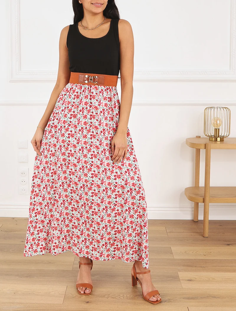 Zweifarbiges Kleid mit kleinem Blumenmuster - Weiß