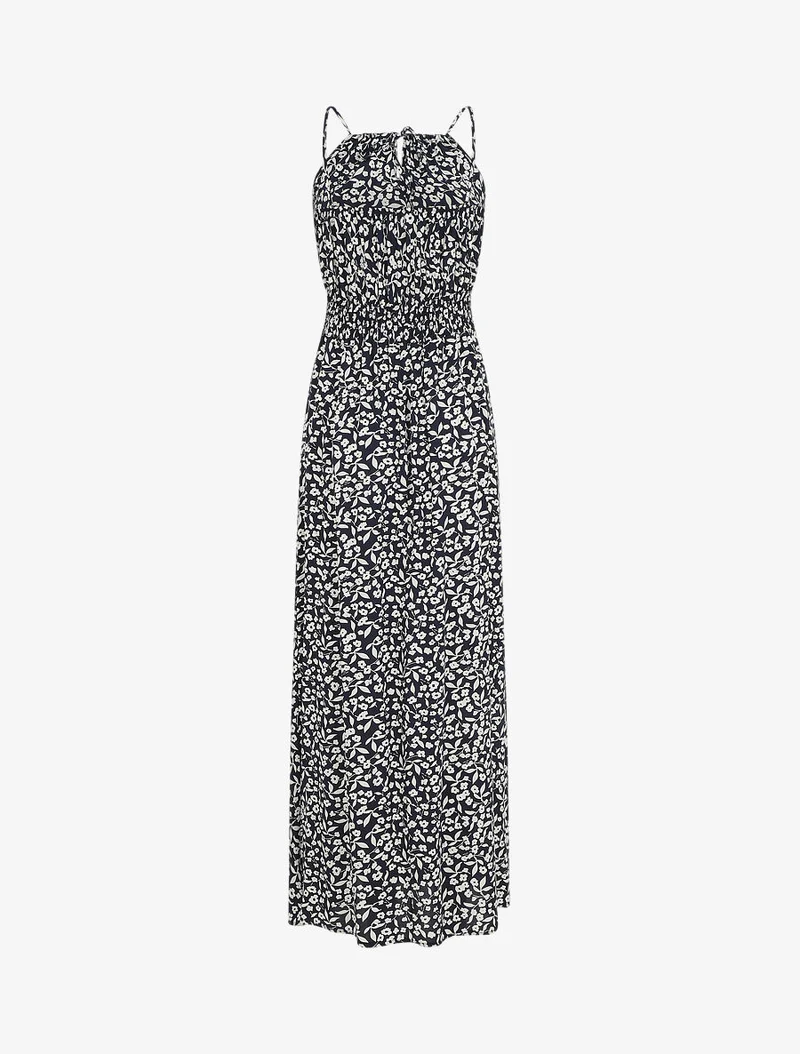 Langes Kleid mit amerikanischem Kragen und Spitze - Mitternachtsblau