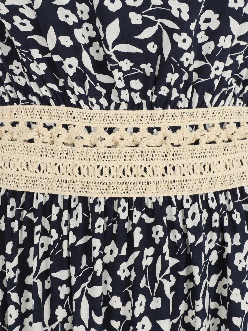 Langes Kleid mit amerikanischem Kragen und Spitze - Mitternachtsblau