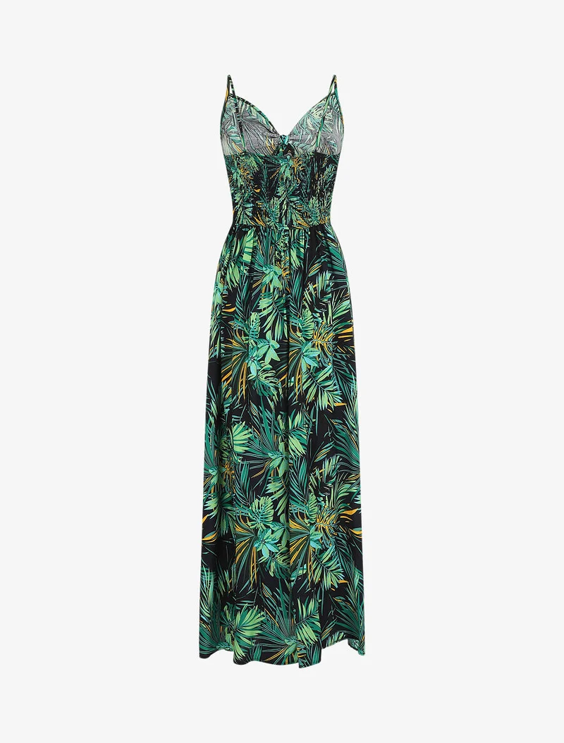 Langes Kleid mit Blätterdruck und Bindekragen - Mitternachtsblau