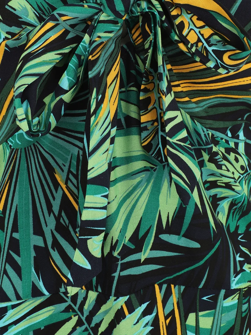 Langes Kleid mit Blätterdruck und Bindekragen - Mitternachtsblau