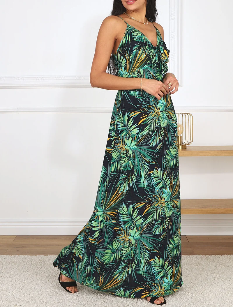 Langes Kleid mit Blätterdruck und Bindekragen - Mitternachtsblau
