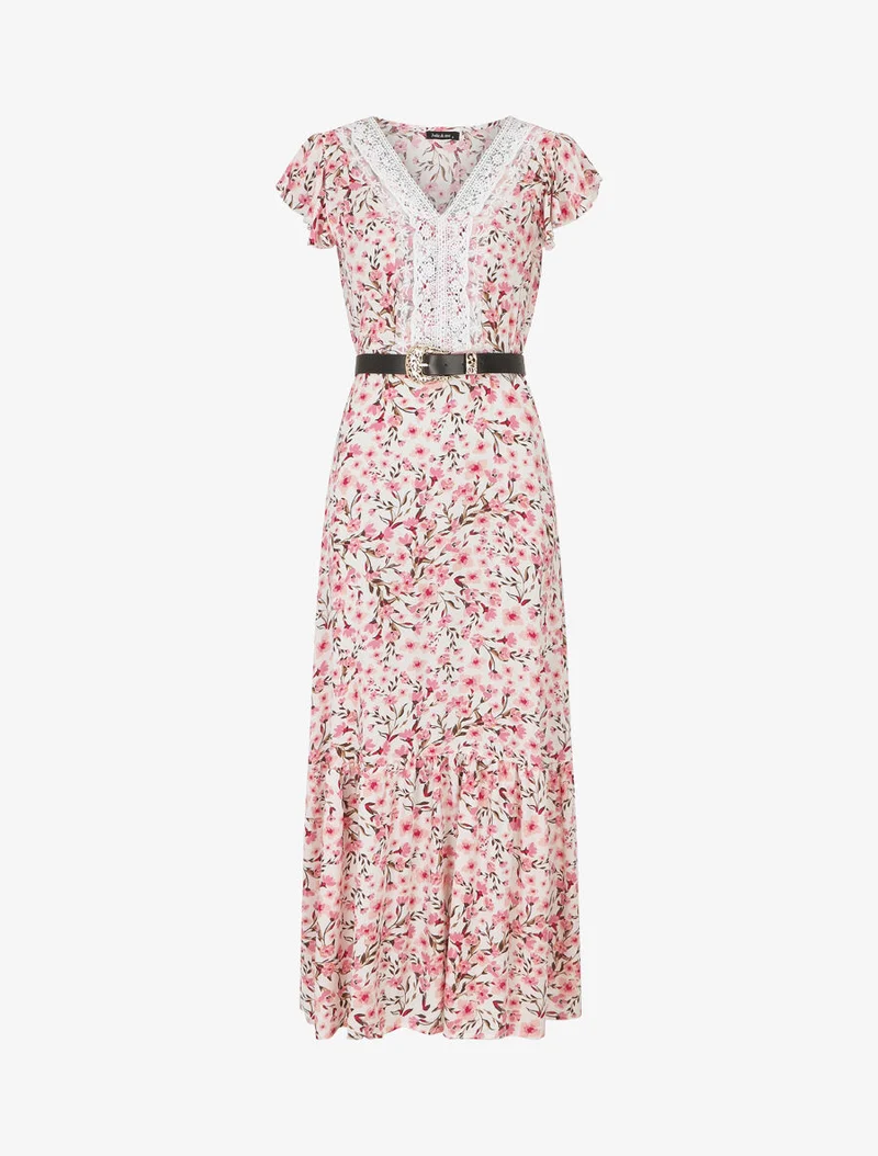 Elastisches langes Kleid mit Blumenmuster und Stickereien - Weiß