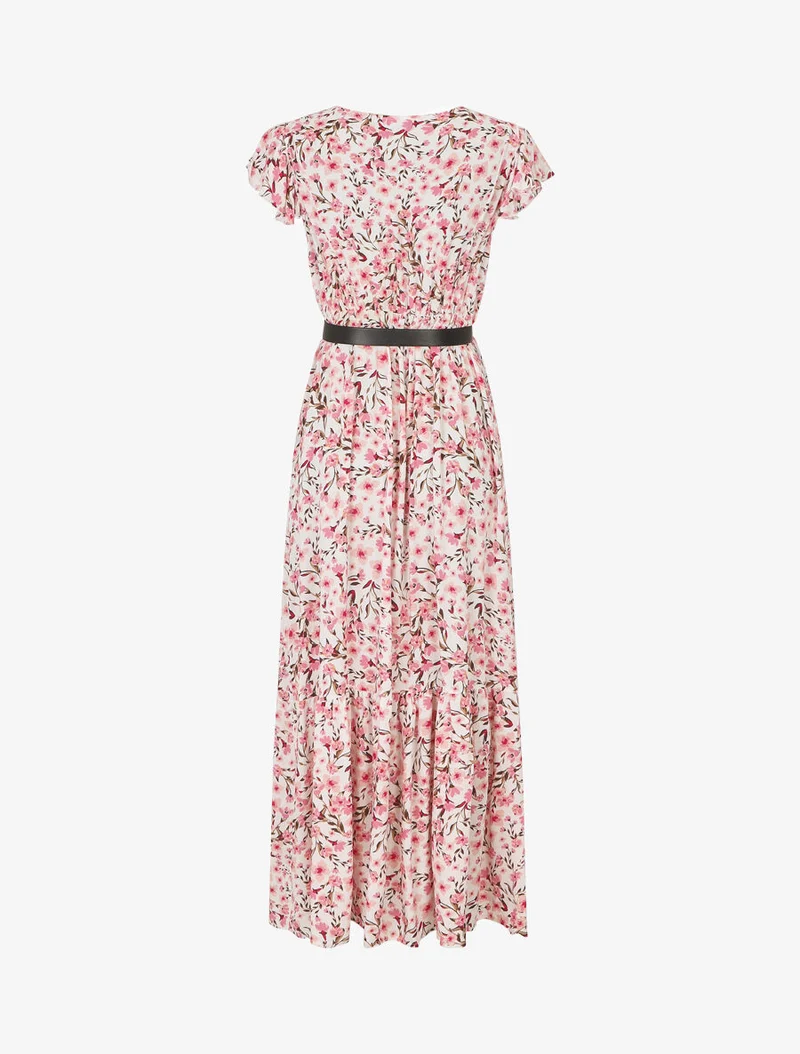 Elastisches langes Kleid mit Blumenmuster und Stickereien - Weiß