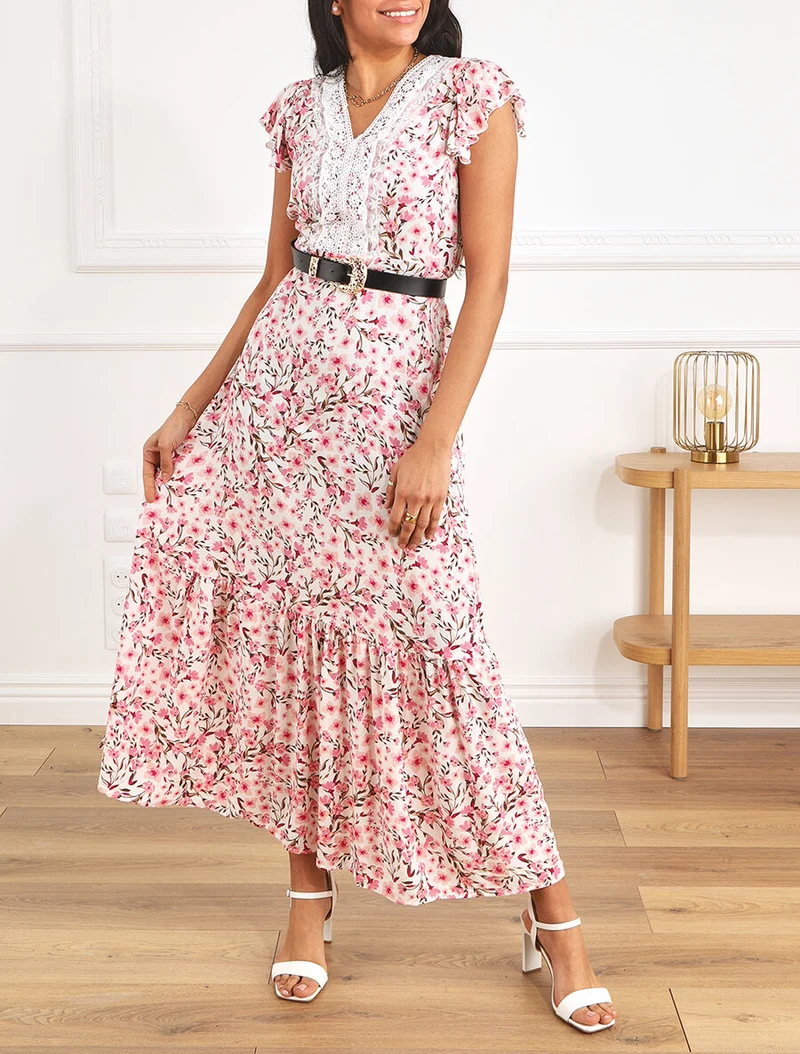 Elastisches langes Kleid mit Blumenmuster und Stickereien - Weiß