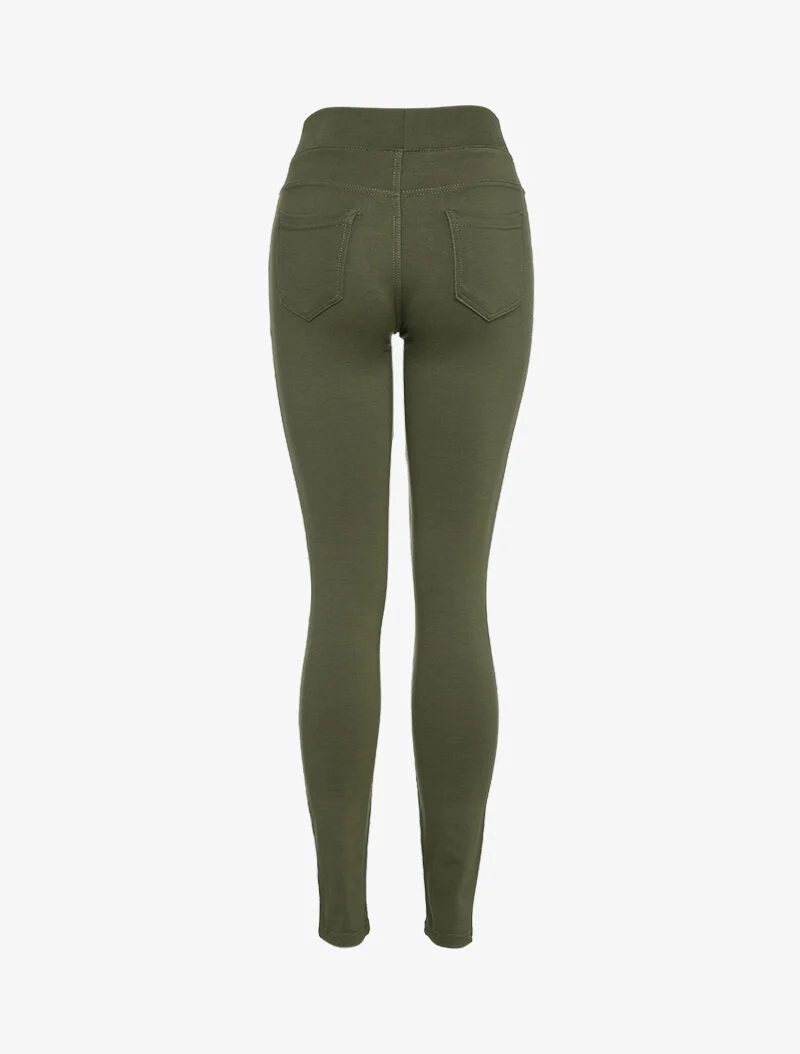Einfarbige Leggings mit Taschen - Kaki