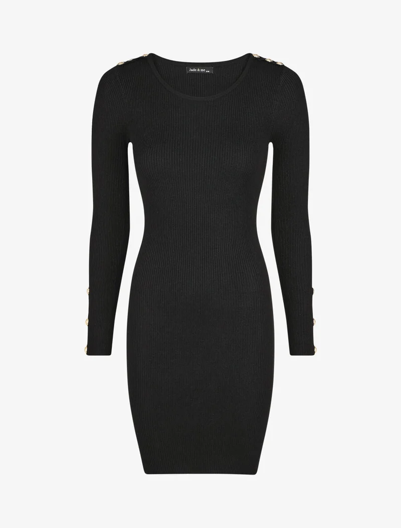 Geripptes figurbetontes Kleid mit langen Ärmeln - Schwarz