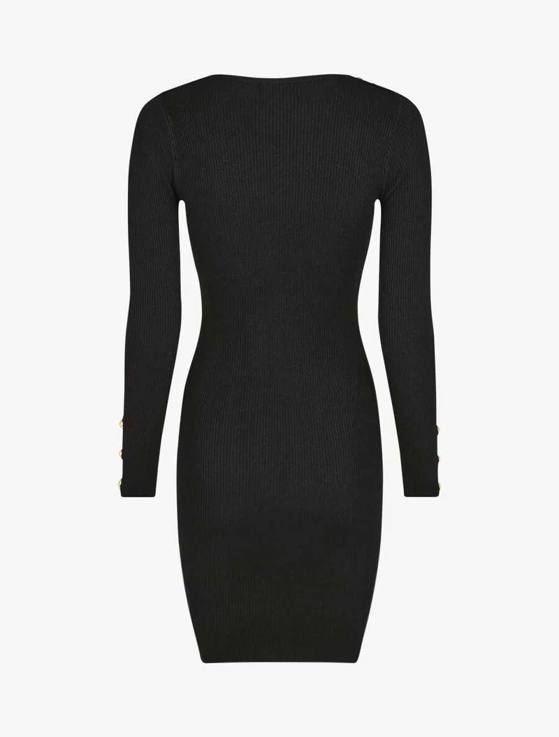Geripptes figurbetontes Kleid mit langen Ärmeln - Schwarz