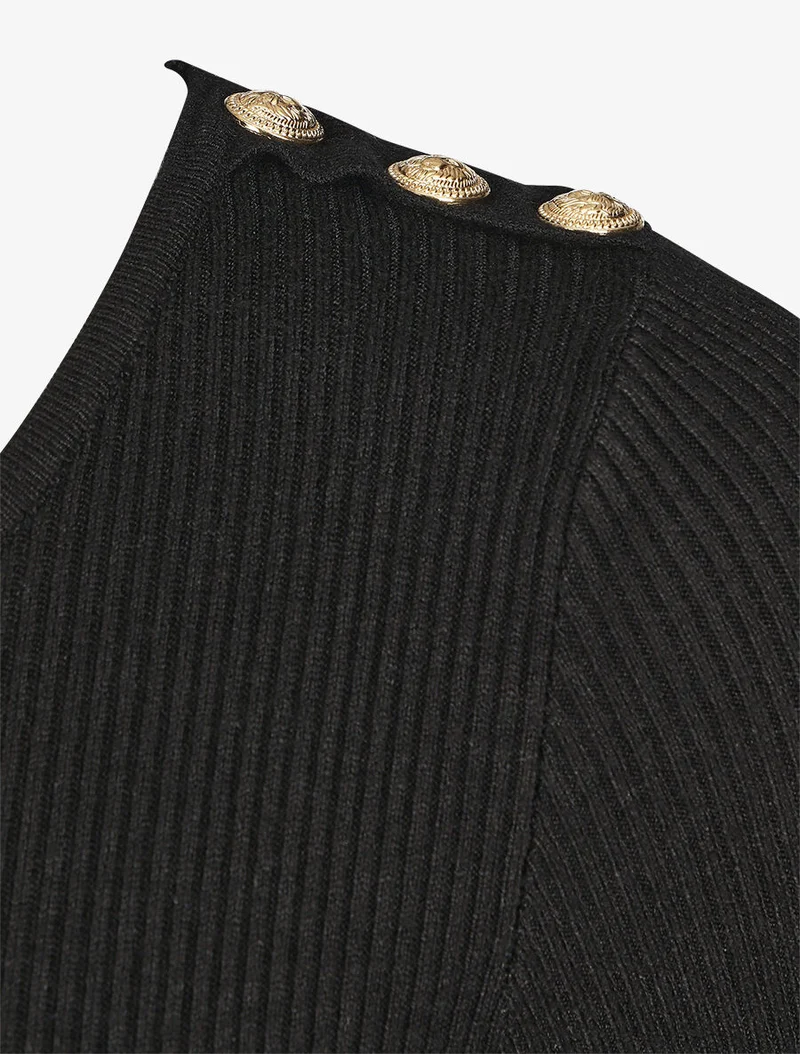 Geripptes figurbetontes Kleid mit langen Ärmeln - Schwarz