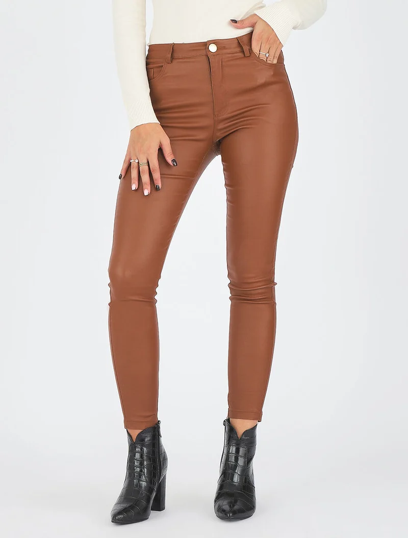 Wachs-Effekt-Slim-Hose - Kamel