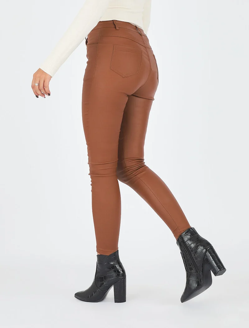 Wachs-Effekt-Slim-Hose - Kamel