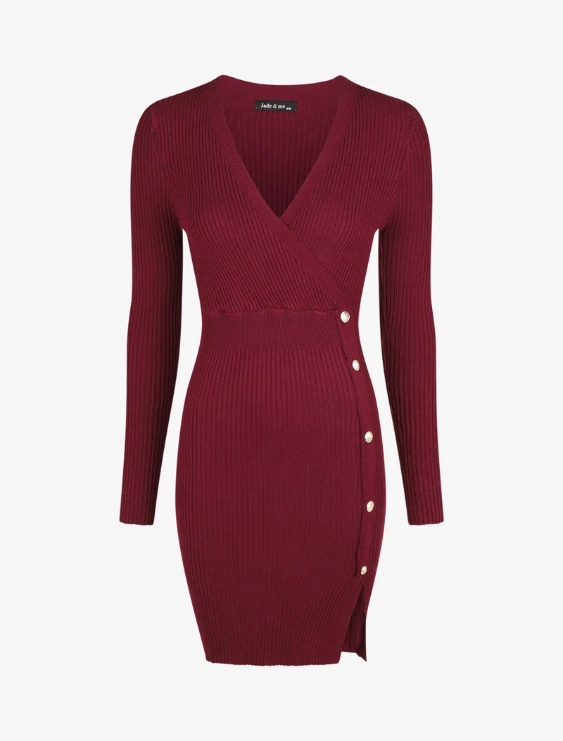 Figurbetontes Rippenkleid mit Wickelausschnitt - Bordeaux