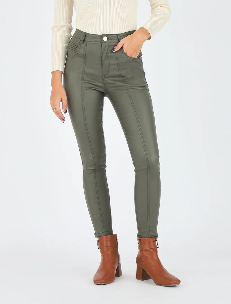 Hose mit hoher Taille in Kunstleder - Kaki