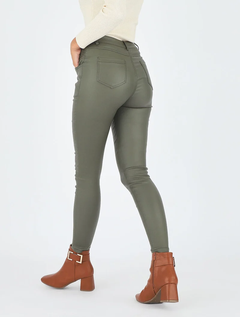Hose mit hoher Taille in Kunstleder - Kaki
