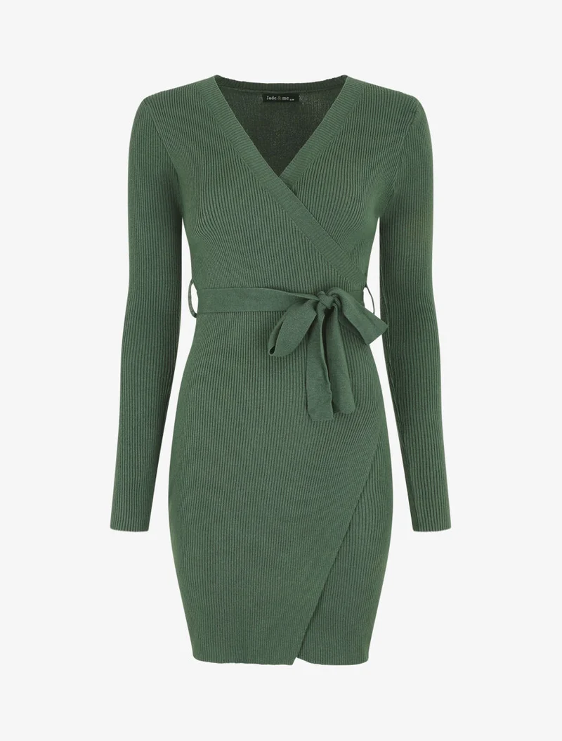 Geripptes Wickelkleid im Bodycon-Stil - Grün