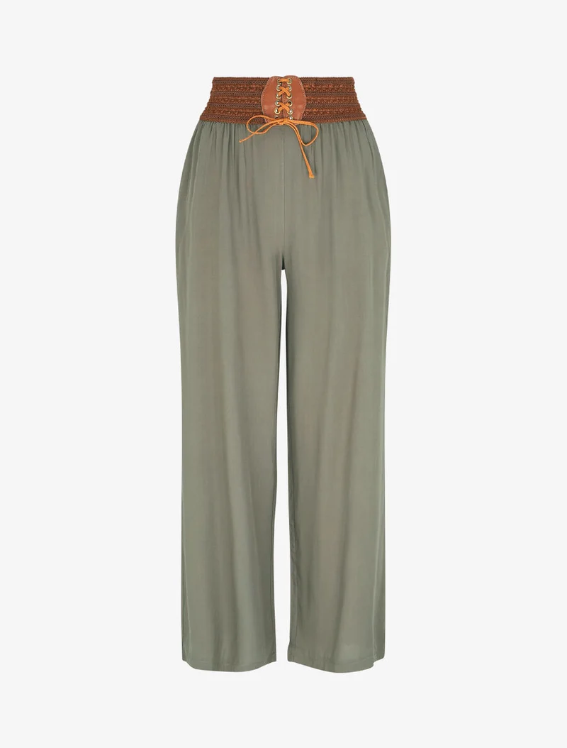 Einfarbige High-Waist-Hose im Korsett-Stil - Kaki