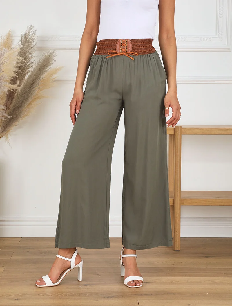 Einfarbige High-Waist-Hose im Korsett-Stil - Kaki