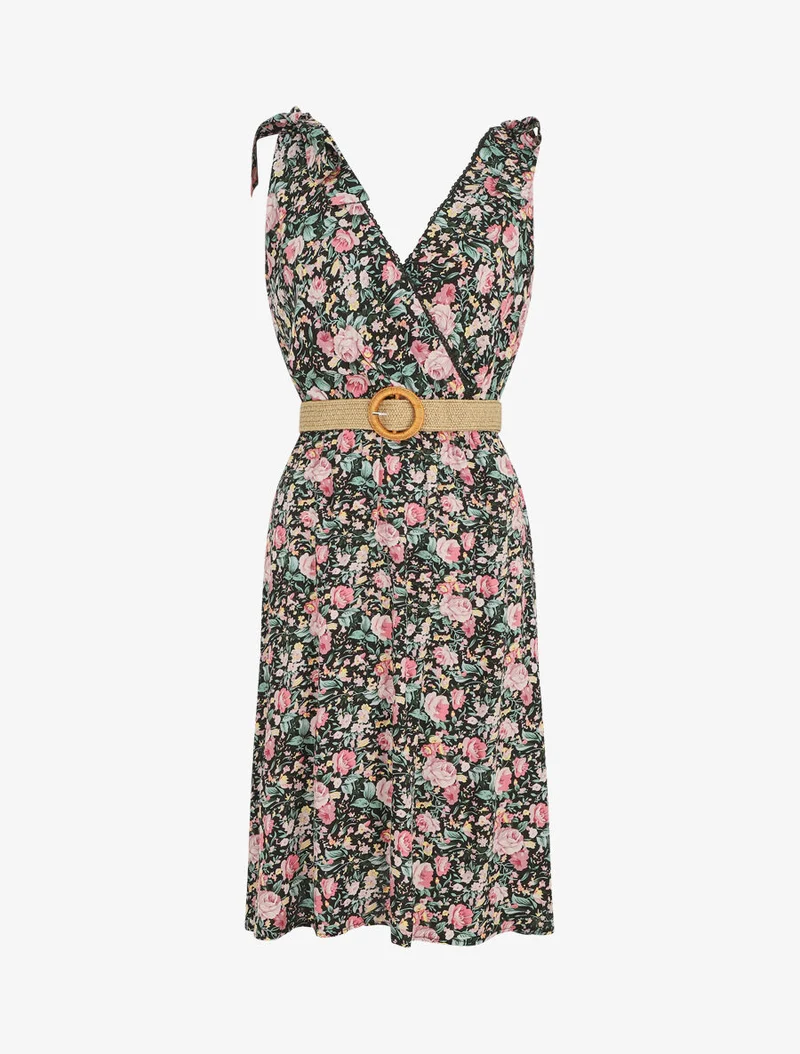 Ärmelloses, knielanges Kleid mit Wildblumenmuster - Schwarz