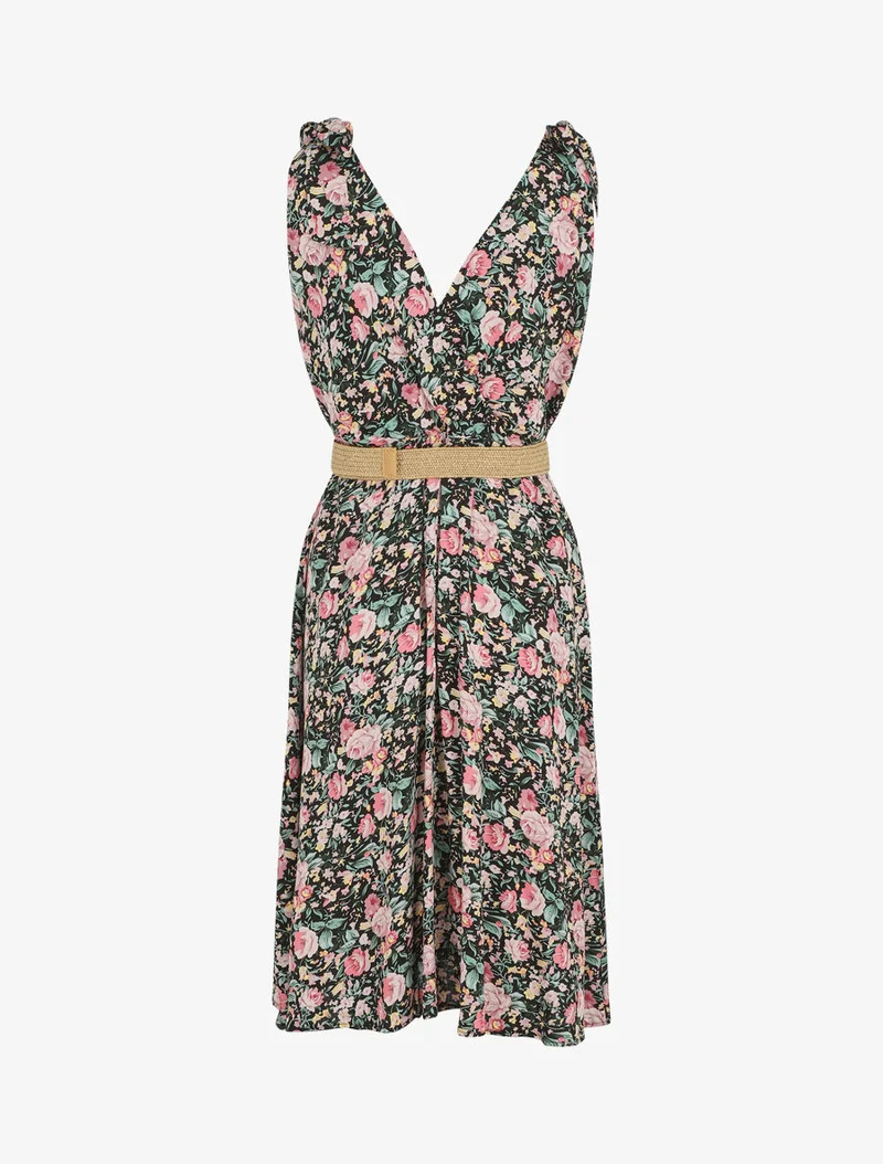 Ärmelloses, knielanges Kleid mit Wildblumenmuster - Schwarz