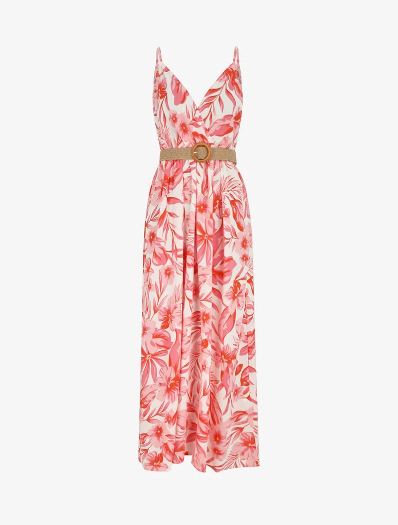 Langes Kleid mit großen Blumenmuster und Trägern - Rot