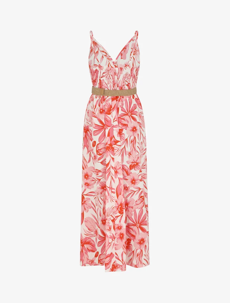Langes Kleid mit großen Blumenmuster und Trägern - Rot