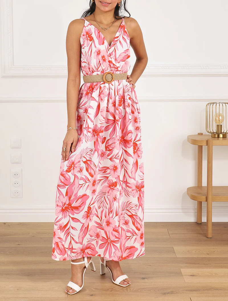 Langes Kleid mit großen Blumenmuster und Trägern - Rot