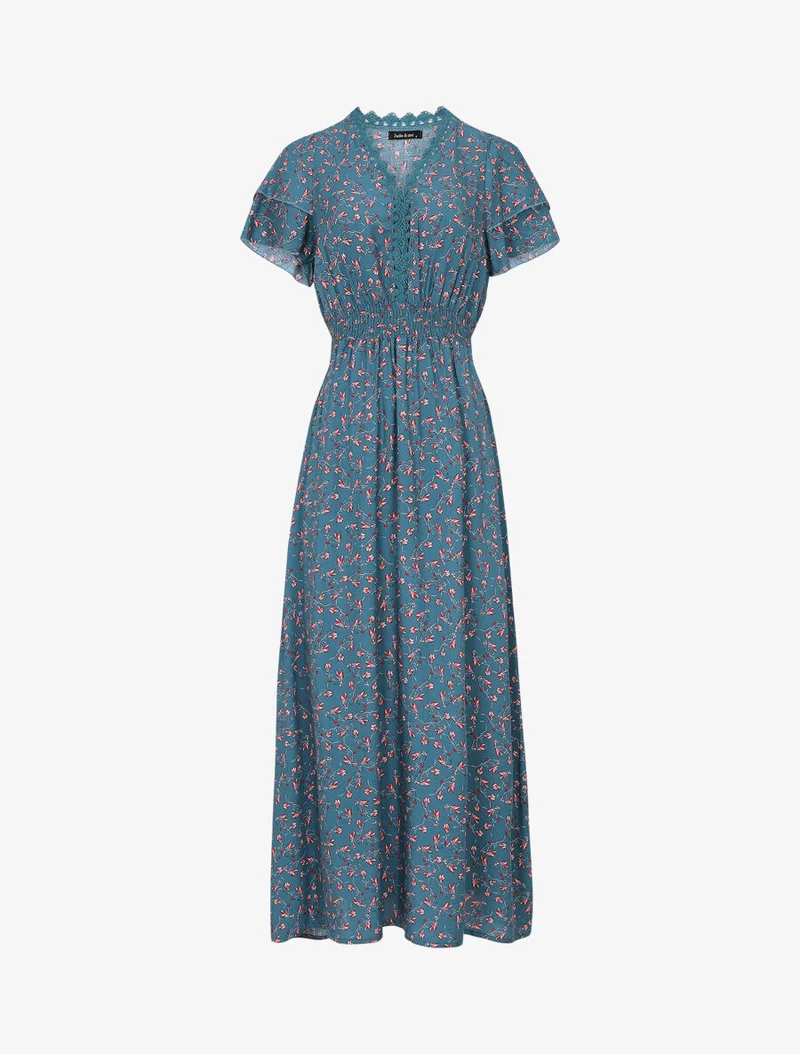 Kleid mit kleinem Blumenmuster und doppelten Ärmeln - Entenblau
