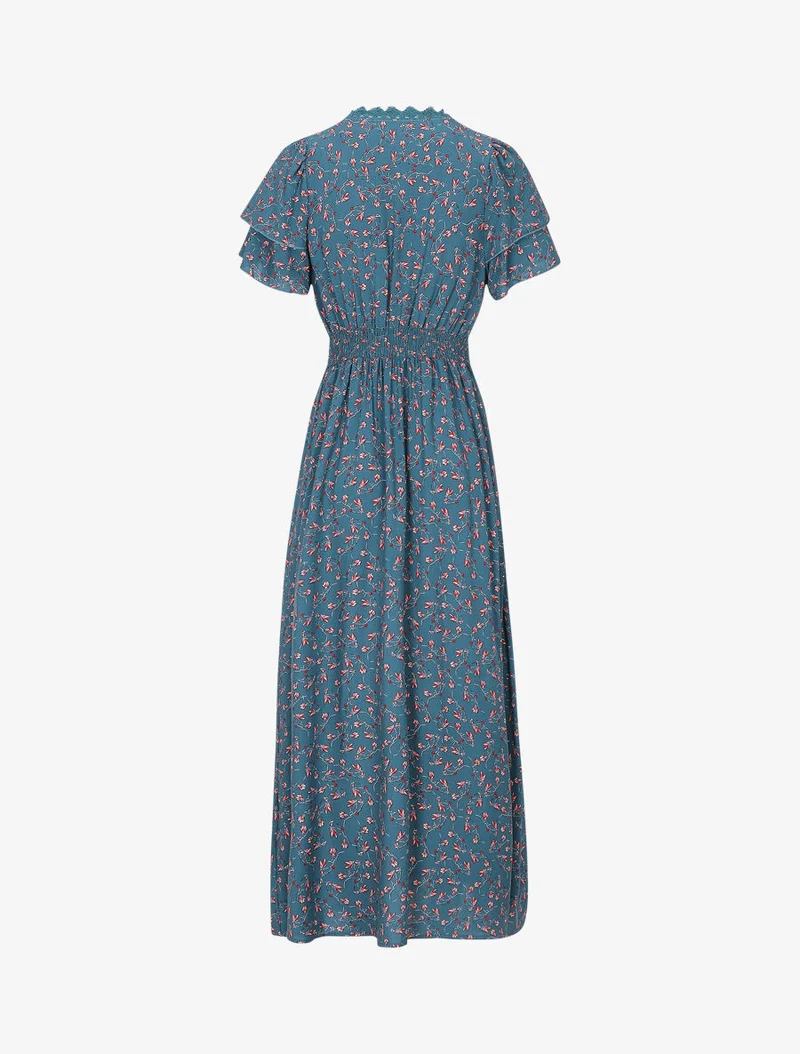 Kleid mit kleinem Blumenmuster und doppelten Ärmeln - Entenblau