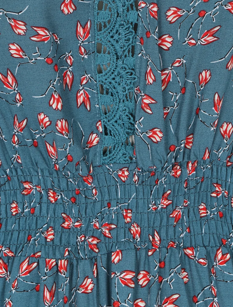 Kleid mit kleinem Blumenmuster und doppelten Ärmeln - Entenblau