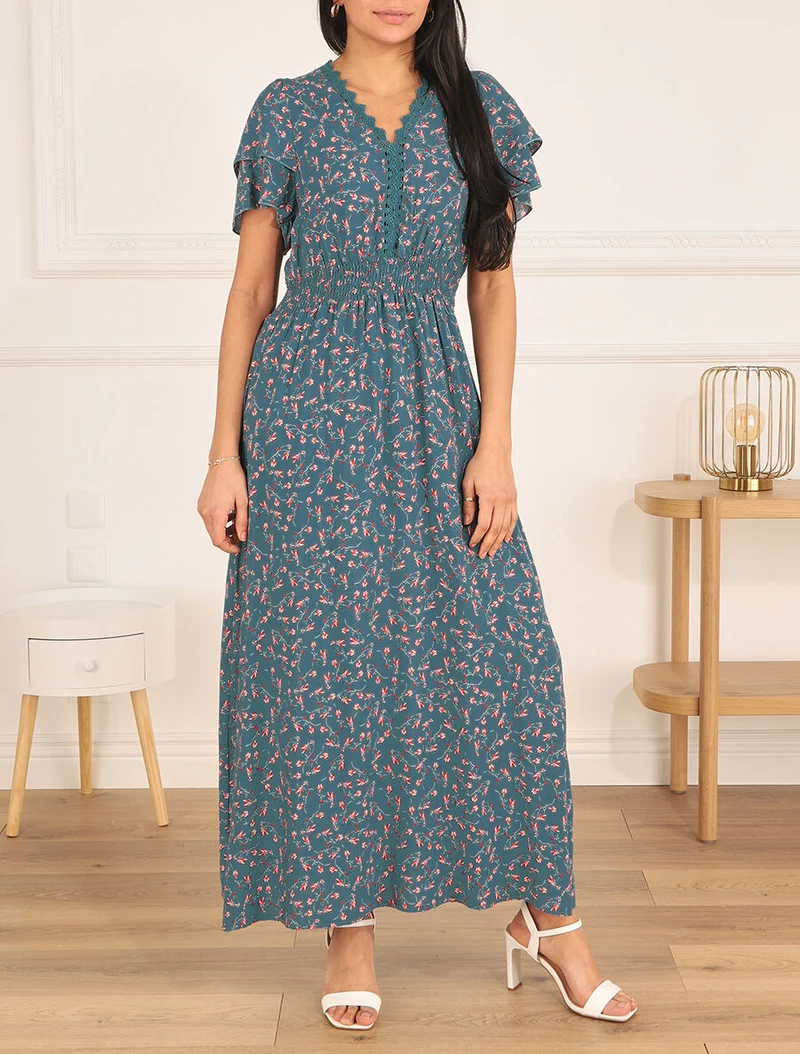 Kleid mit kleinem Blumenmuster und doppelten Ärmeln - Entenblau