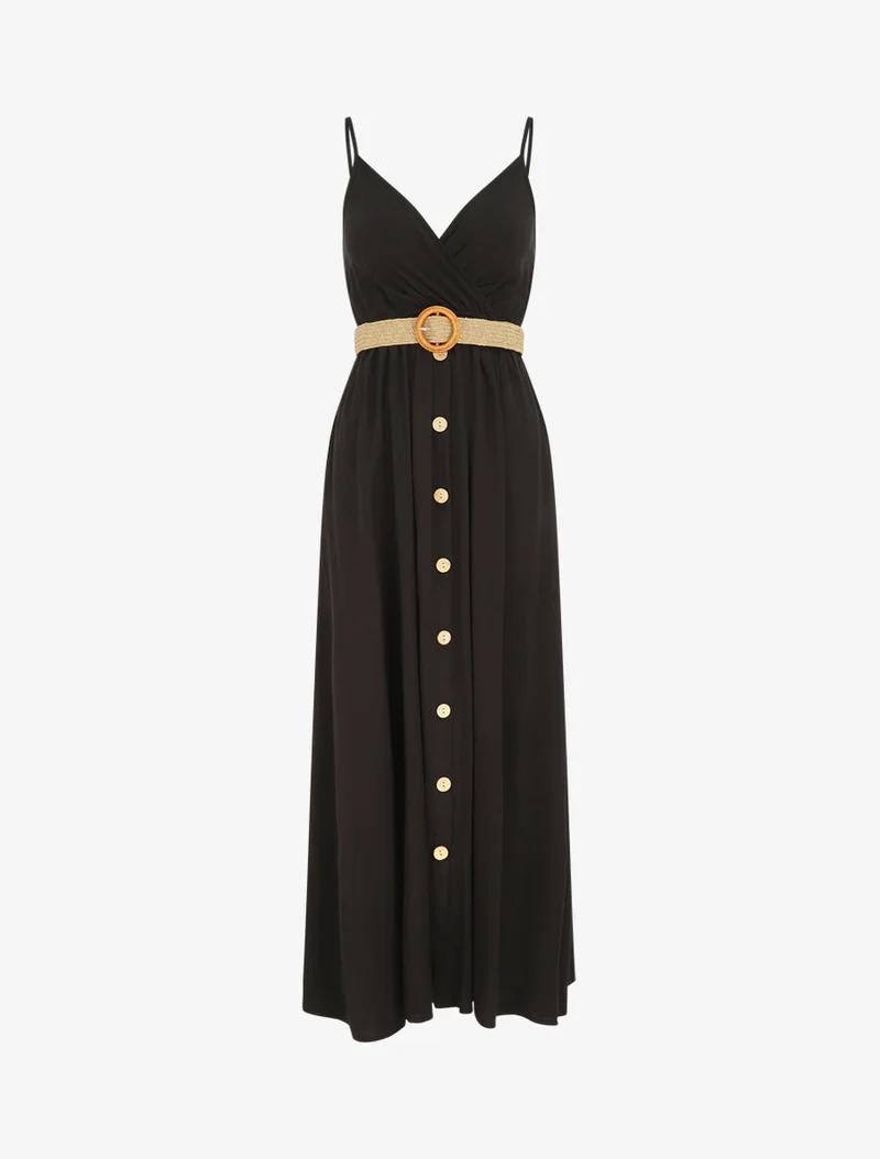 Langes einfarbiges Kleid mit Trägern und Knöpfen - Schwarz