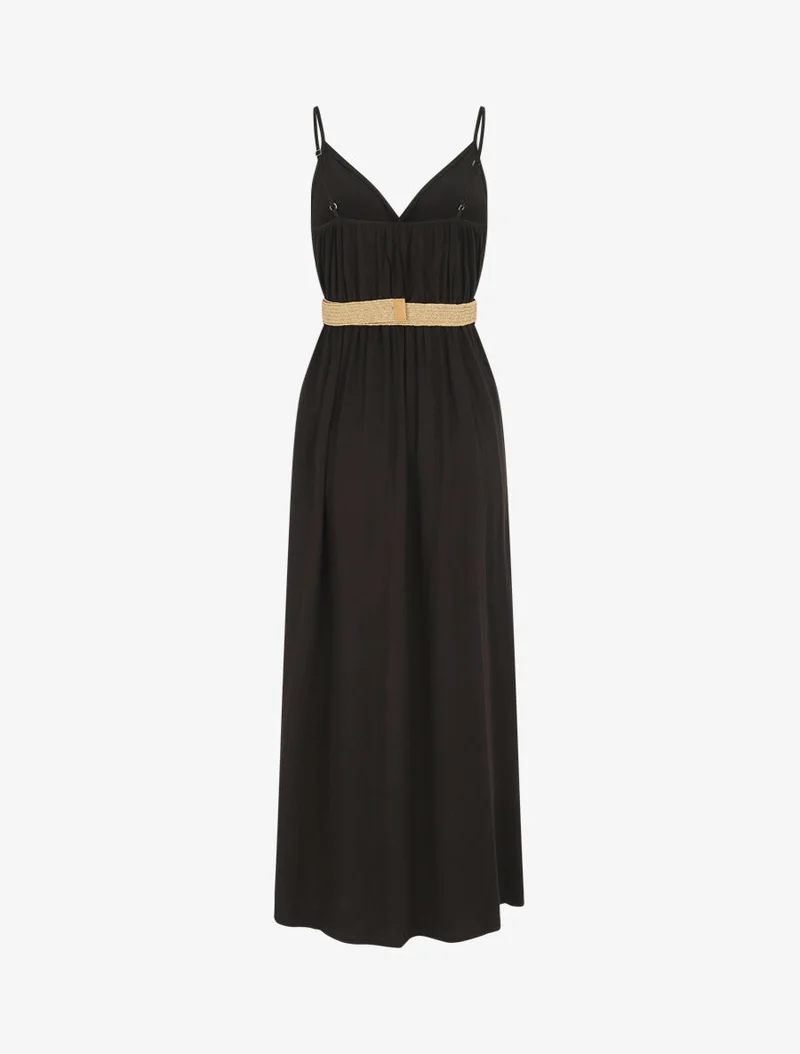 Langes einfarbiges Kleid mit Trägern und Knöpfen - Schwarz