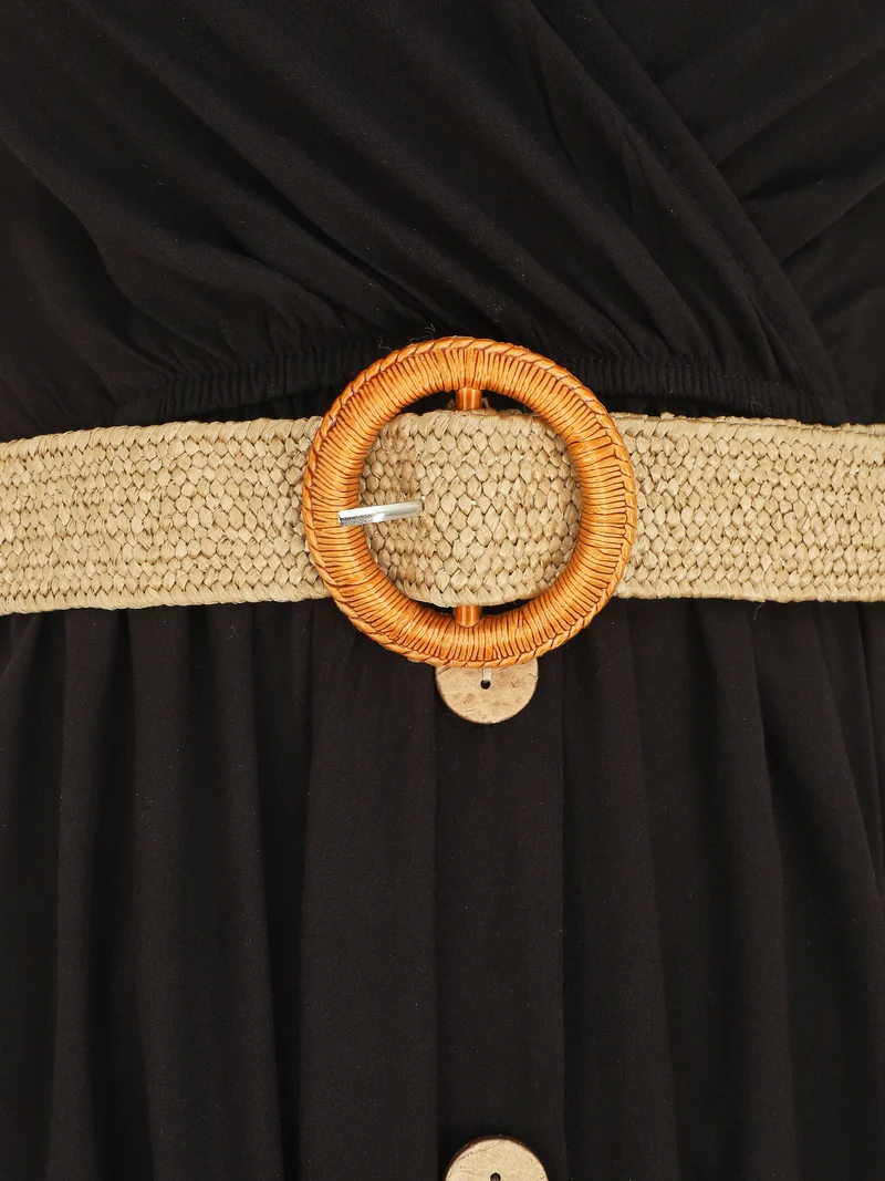 Langes einfarbiges Kleid mit Trägern und Knöpfen - Schwarz