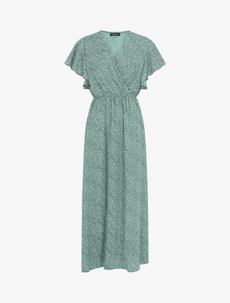 Langes Kleid mit Blumenmuster und kurzen Rüschenärmeln - Grün