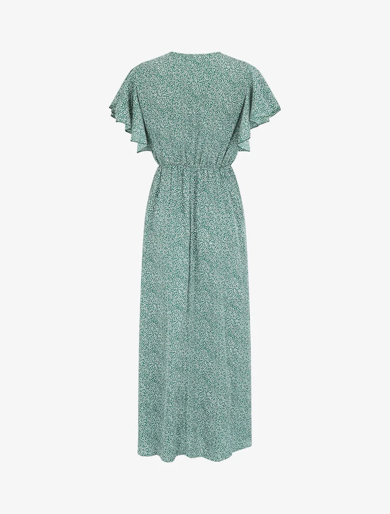Langes Kleid mit Blumenmuster und kurzen Rüschenärmeln - Grün