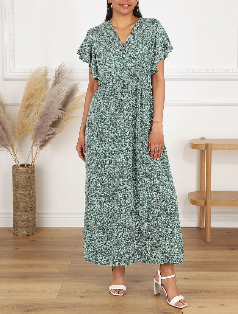 Langes Kleid mit Blumenmuster und kurzen Rüschenärmeln - Grün