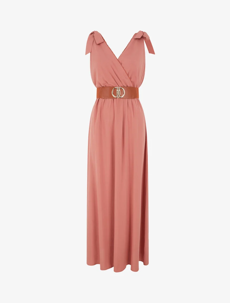 Langes Kleid mit Schleifen auf den Schultern - Altrosa