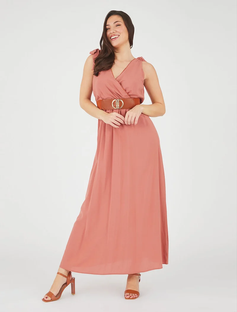 Langes Kleid mit Schleifen auf den Schultern - Altrosa