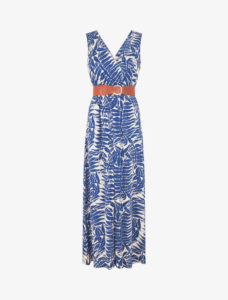 Ausgestelltes langes Kleid mit tropischem Print - Blau