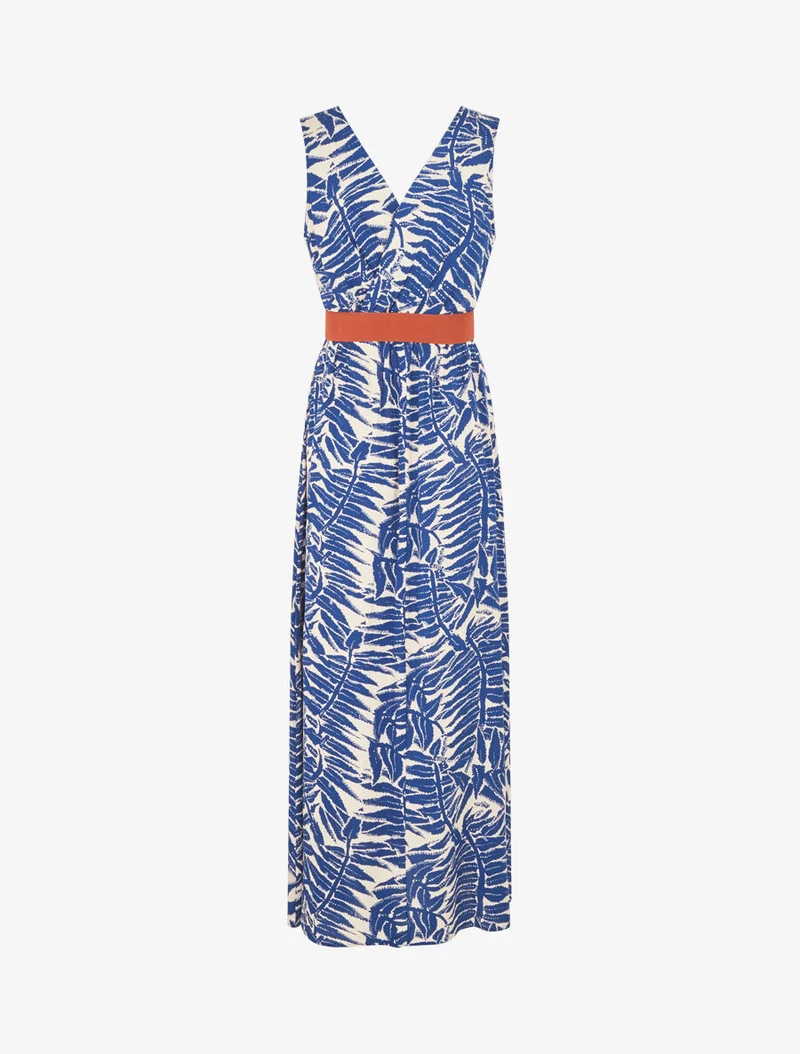 Ausgestelltes langes Kleid mit tropischem Print - Blau