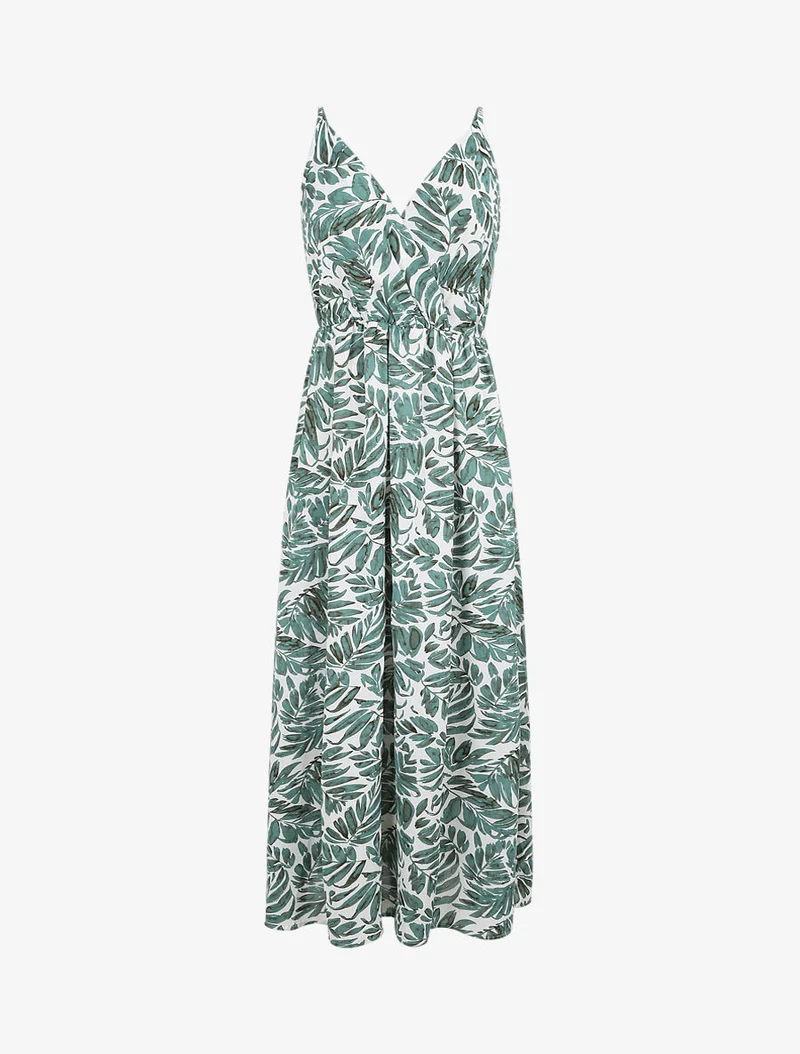 Empire-Langes Kleid mit Blätterdruck und Trägern - Grün